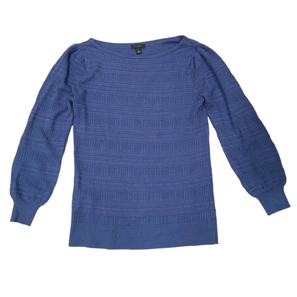 Ann Taylor Blue Pullover Puff Shoulder Knit Sweater Womens XS Stretchy